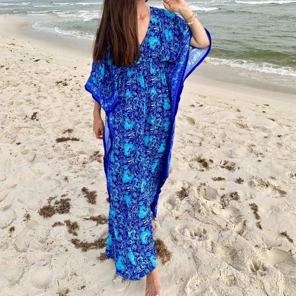 Rujuta Sheth Boho Resort Garden Marie Cinched Kaftan Maxi Dress Blue S/M - Picture 2 of 14
